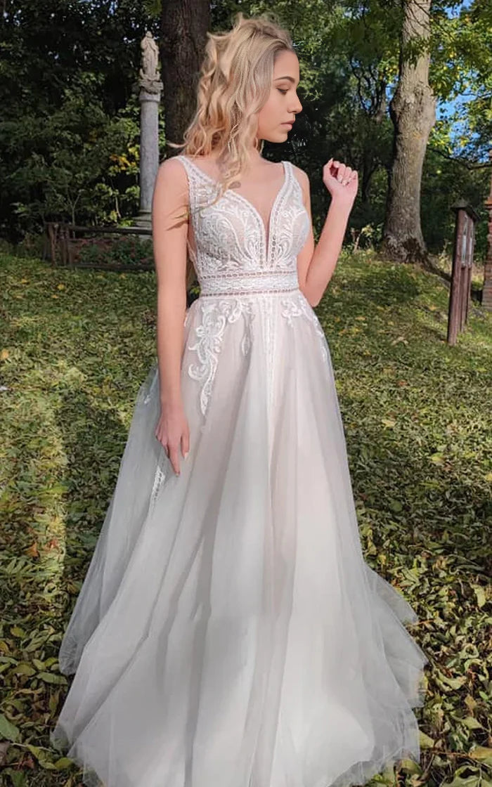 Vestido de novia sin mangas con escote en V y espalda baja de encaje